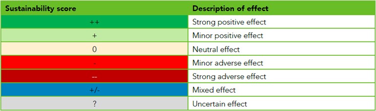 A table setting out Sustainability Appraisal (SA) scores and their meaning. It presents a range of scores from strong positive effects to strong adverse effects. Each score is accompanied by a short description explaining the expected level and direction of impact on the SA objective—for example, strong positive (major beneficial effect), minor positive (some beneficial effect), neutral (no overall effect), minor adverse (some negative effect), and strong adverse (major negative effect). The scores are indicative and used to compare options relative to each other rather than as absolute measures.